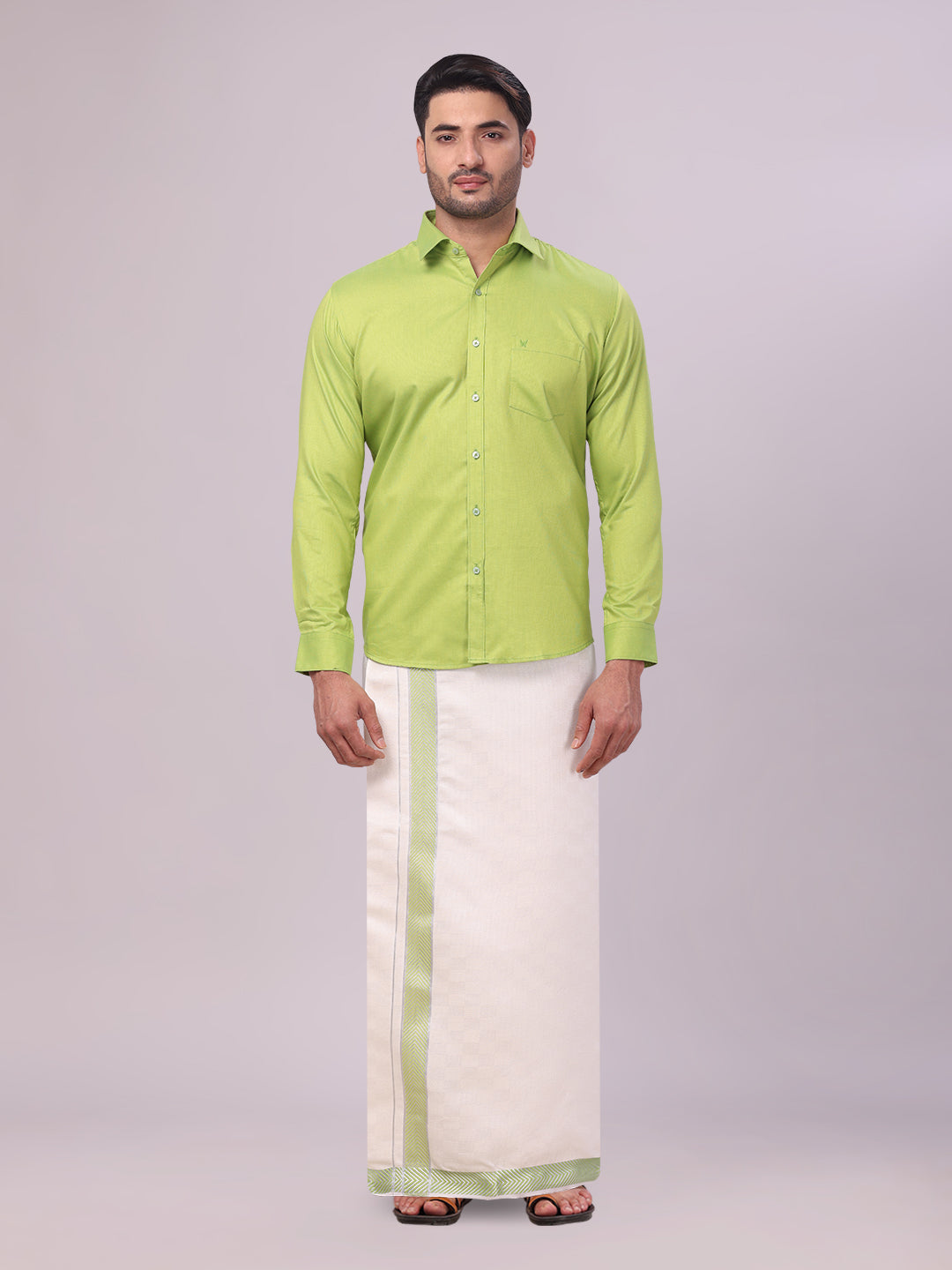 Mens Cotton Parrot Green Shirt and Airtex Matching Border Dhoti Combo Nector