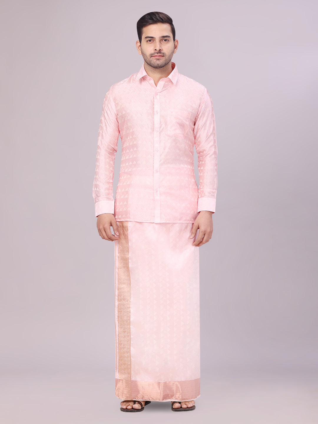 Men's Art Silk Pink Full Sleeves Shirt with 3 1/2" Copper Jari Border Dhoti Combo Neogen