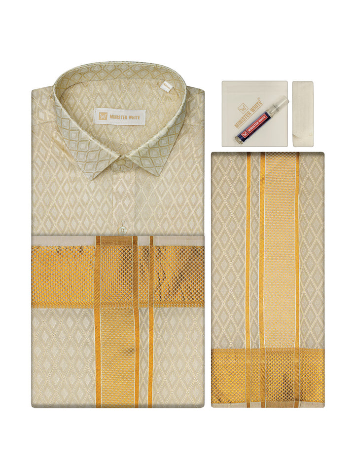 Mens Art Silk Cream Full Sleeves Shirt with 2 1/2" Gold Jari Border Dhoti Combo Spruce