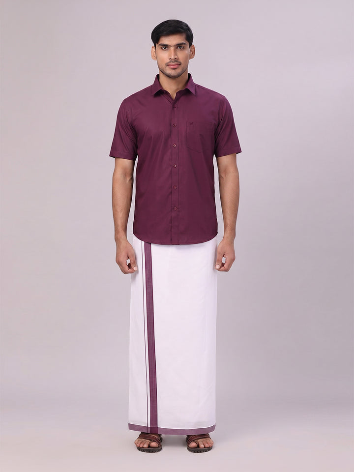 Mens Dark Wine Color Shirt with Matching Border Dhoti Combo Casper