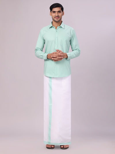 Men's See Green Shirt with Matching Border Flexi Dhoti Combo Casper Flexi