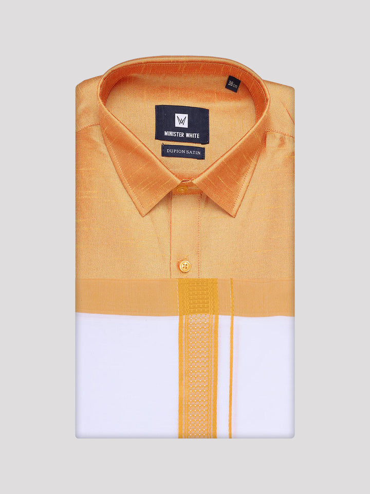 Mens Golden Yellow Dupion Satin Color Shirt with Matching Border Dhoti Combo Gora
