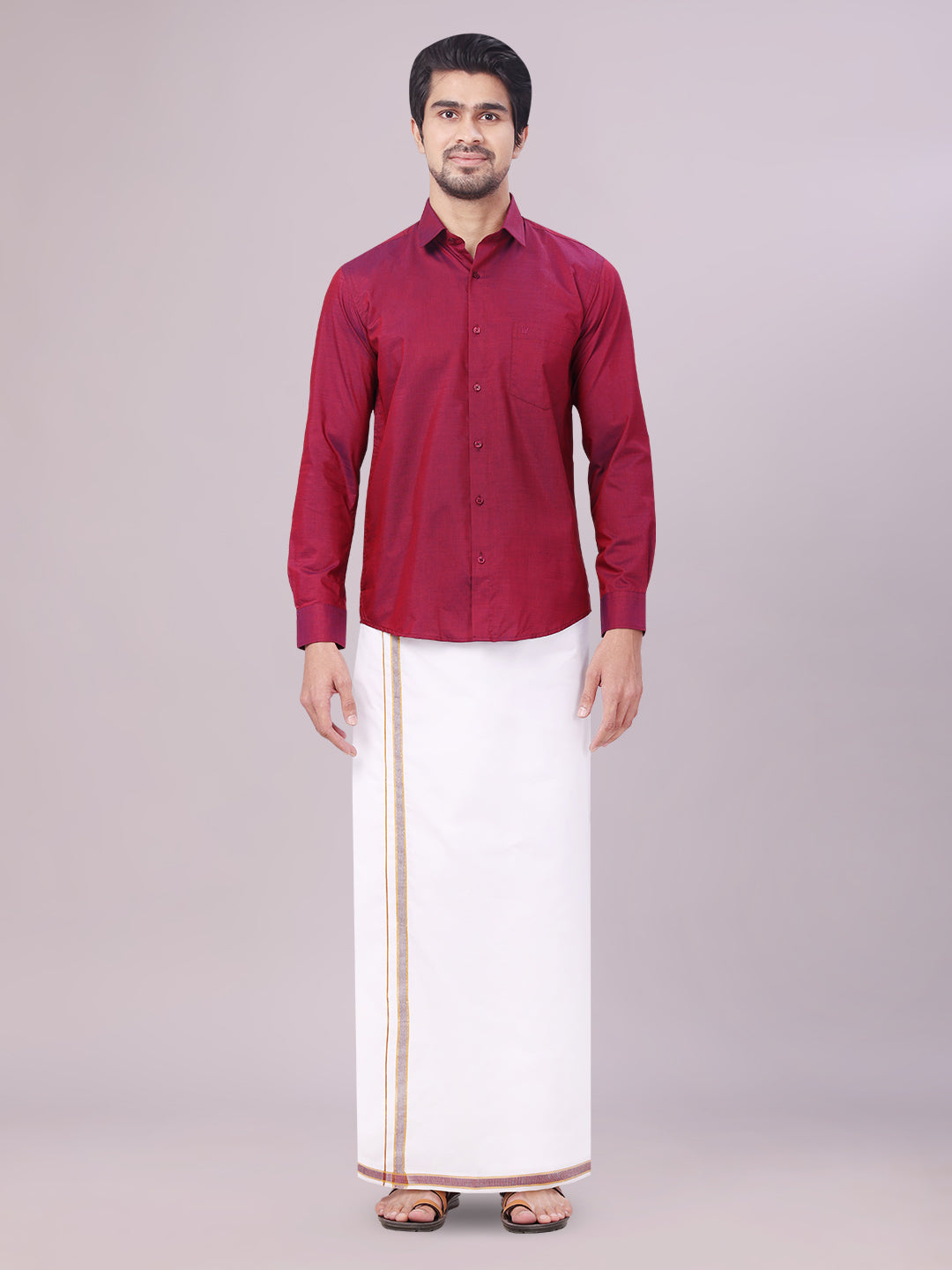 Men's Medium Wine Shirt with Matching Border Dhoti Combo Pinto