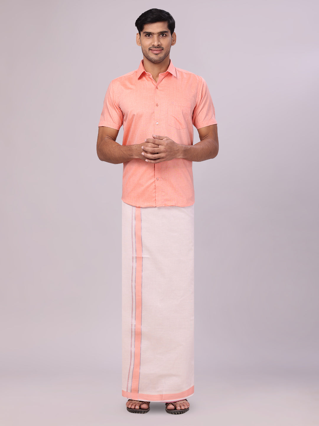 Men's Cotton Peach Shirt with Tissue Matching Border Dhoti Wedding Combo Kandala