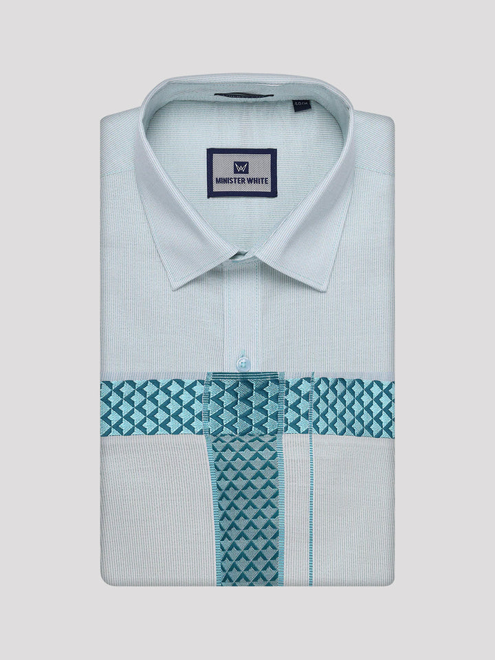 Men's Mint Blue Tissue Stripe Shirt and Dhoti Combo with Jacquard Border Kane