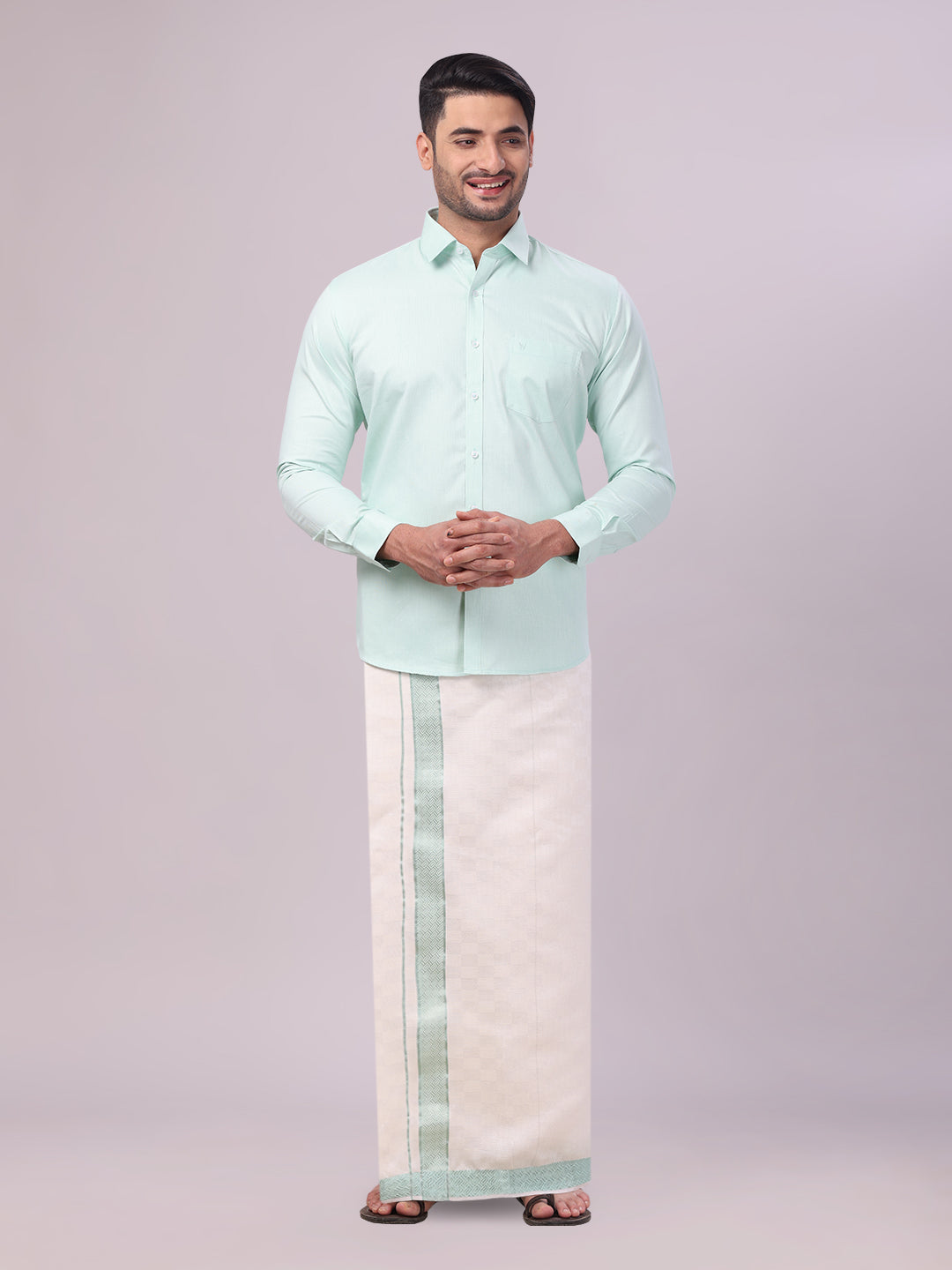 Mens Cotton Sea Green Shirt and Airtex Matching Border Dhoti Combo Nector