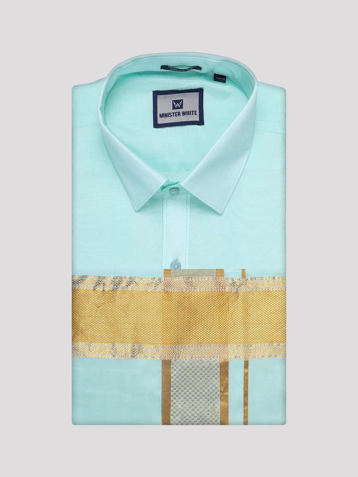 Mens Art Silk Mint Gold Full Sleeves Shirt with 3 1/2" Gold Jari Border Dhoti Combo Mangal