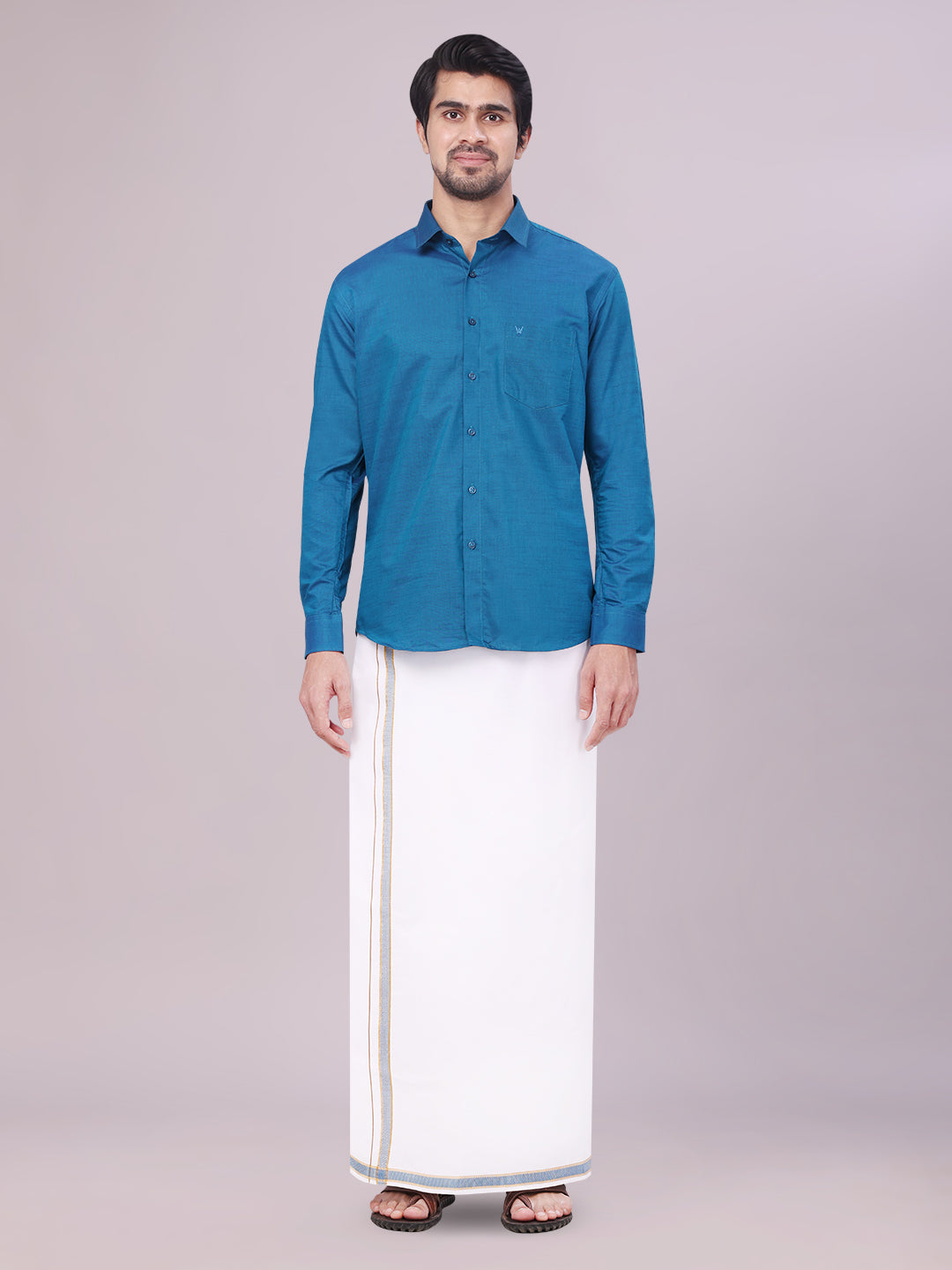 Men's Peacock Shirt with Matching Border Dhoti Combo Pinto