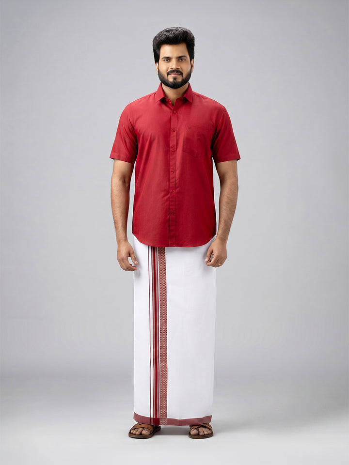 Men's Cotton Maroon Matching Shirt with Fancy Printed Border Dhoti Combo Luster Trend