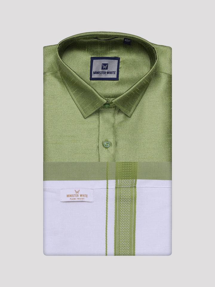 Mens Green Dupion Satin Shirt with Matching Border Flexi Dhoti Combo Gora Flexi