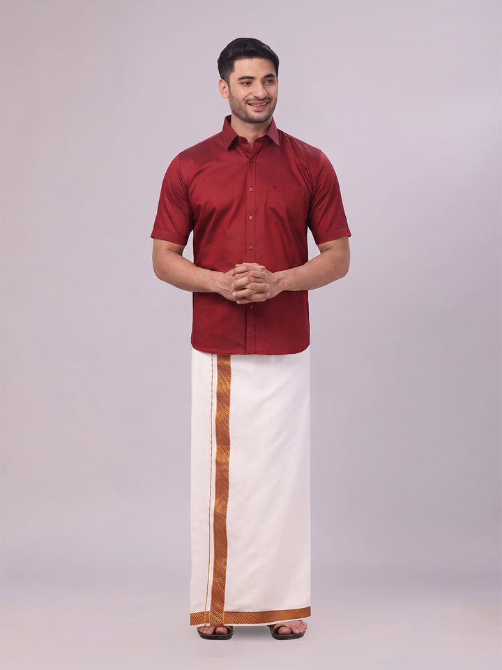 Men's Cotton Maroon Shirt and Airtex Matching Border Dhoti Combo Nector