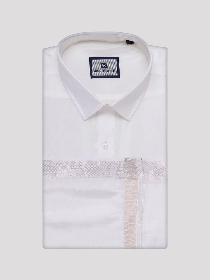 Men's Art Silk Off White Full Sleeves Shirt with Silver Jari Border Dhoti Combo Finesse