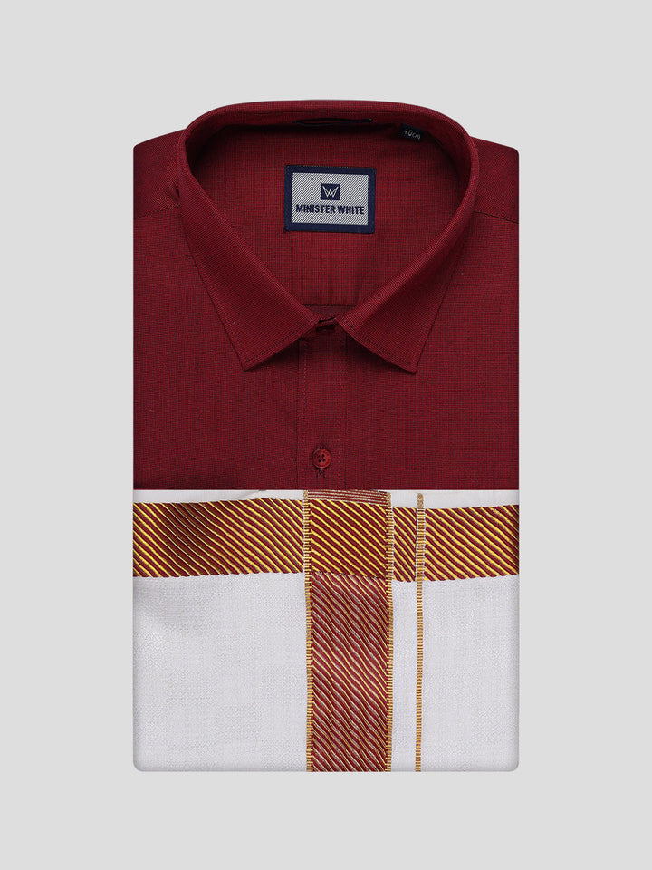 Men's Cotton Maroon Shirt and Airtex Matching Border Dhoti Combo Nector