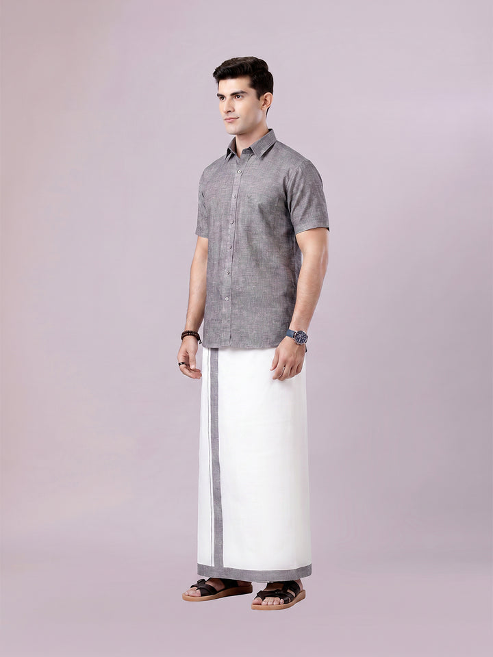 Men's Grey Color Digital Printed Shirt with Matching Printed Border Dhoti Combo Varnam
