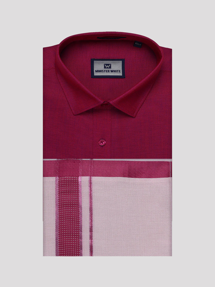 Mens Cotton Magenta Shirt with Tissue Matching Border Dhoti Wedding Combo Kandala