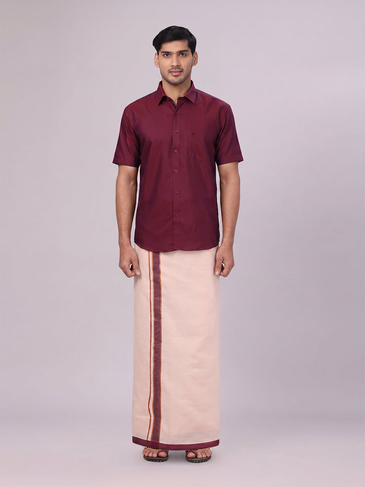 Mens Cotton Maroon Shirt with Tissue Matching Border Dhoti Wedding Combo Kandala