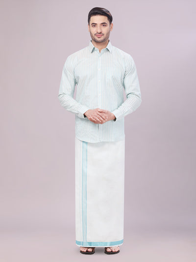 Men's Tissue Stripes Mint Blue Shirt with Plain Jari Border Dhoti Wedding Combo Carter