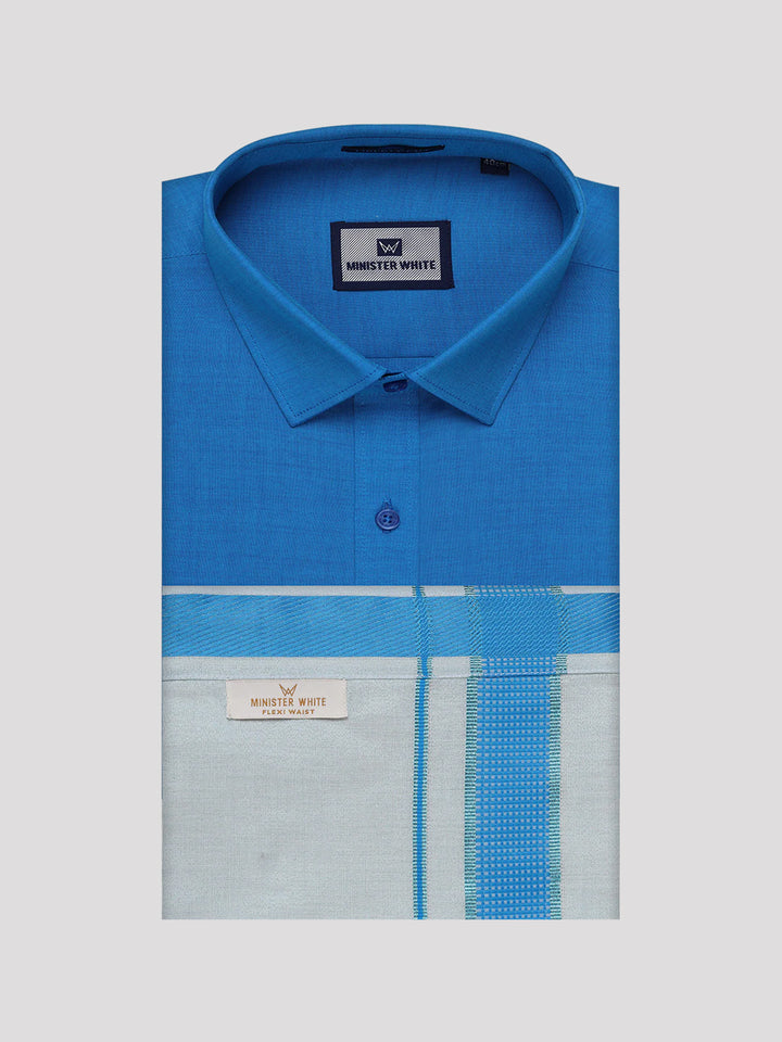 Men's Cotton Blue Shirt with Tissue Matching Border Flexi Dhoti Wedding Combo Kandala