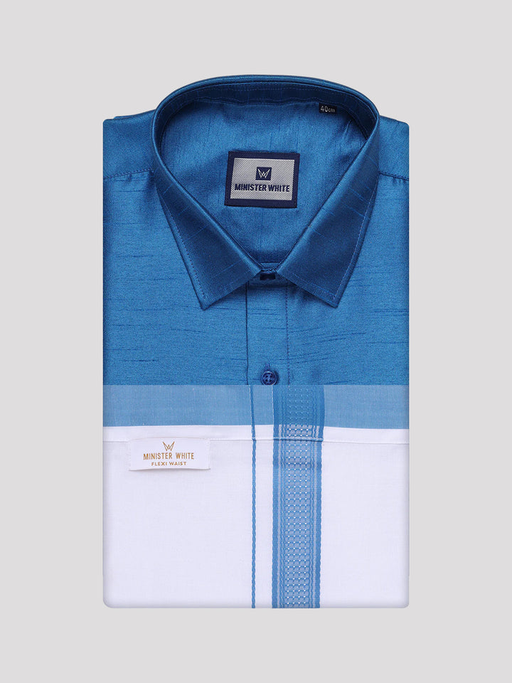 Men's Ramar Blue Dupion Satin Color Shirt with Matching Border Flexi Dhoti Combo Gora Flexi