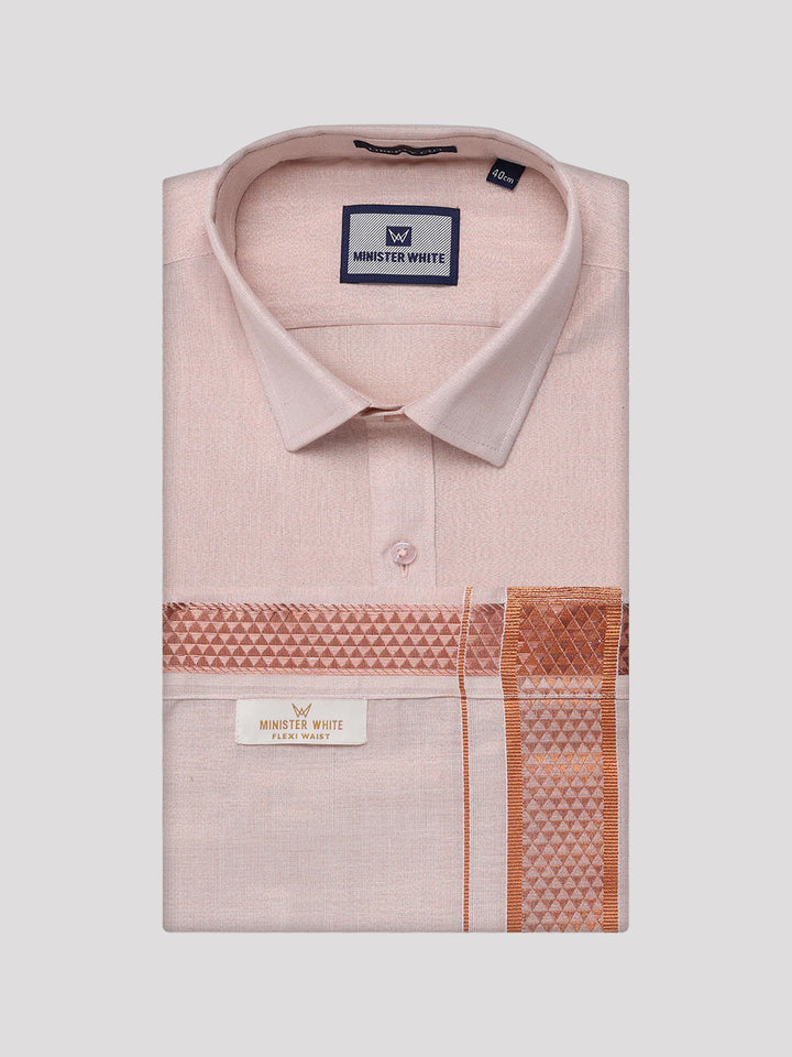 Men's Tissue Copper Shirt with Jacquard Fancy Border Flexi Dhoti Wedding Combo Nios
