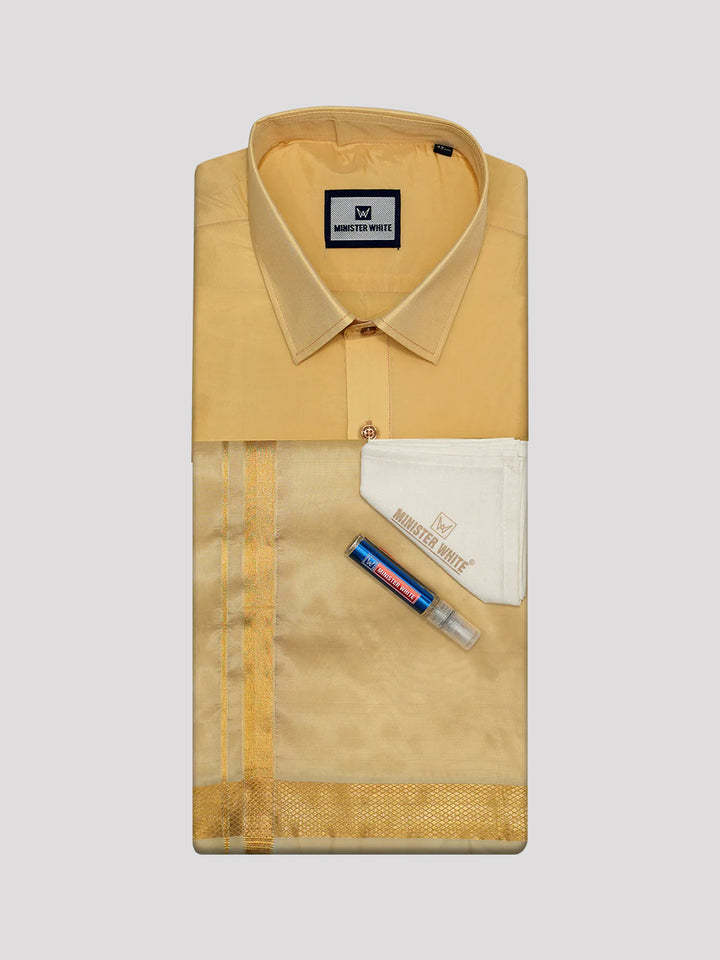 Mens Art Silk Medium Gold Full Sleeves Shirt with Gold Jari Border Dhoti Combo Finesse