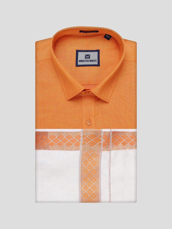 Men's Cotton Orange Shirt and Airtex Matching Border Dhoti Combo Nector