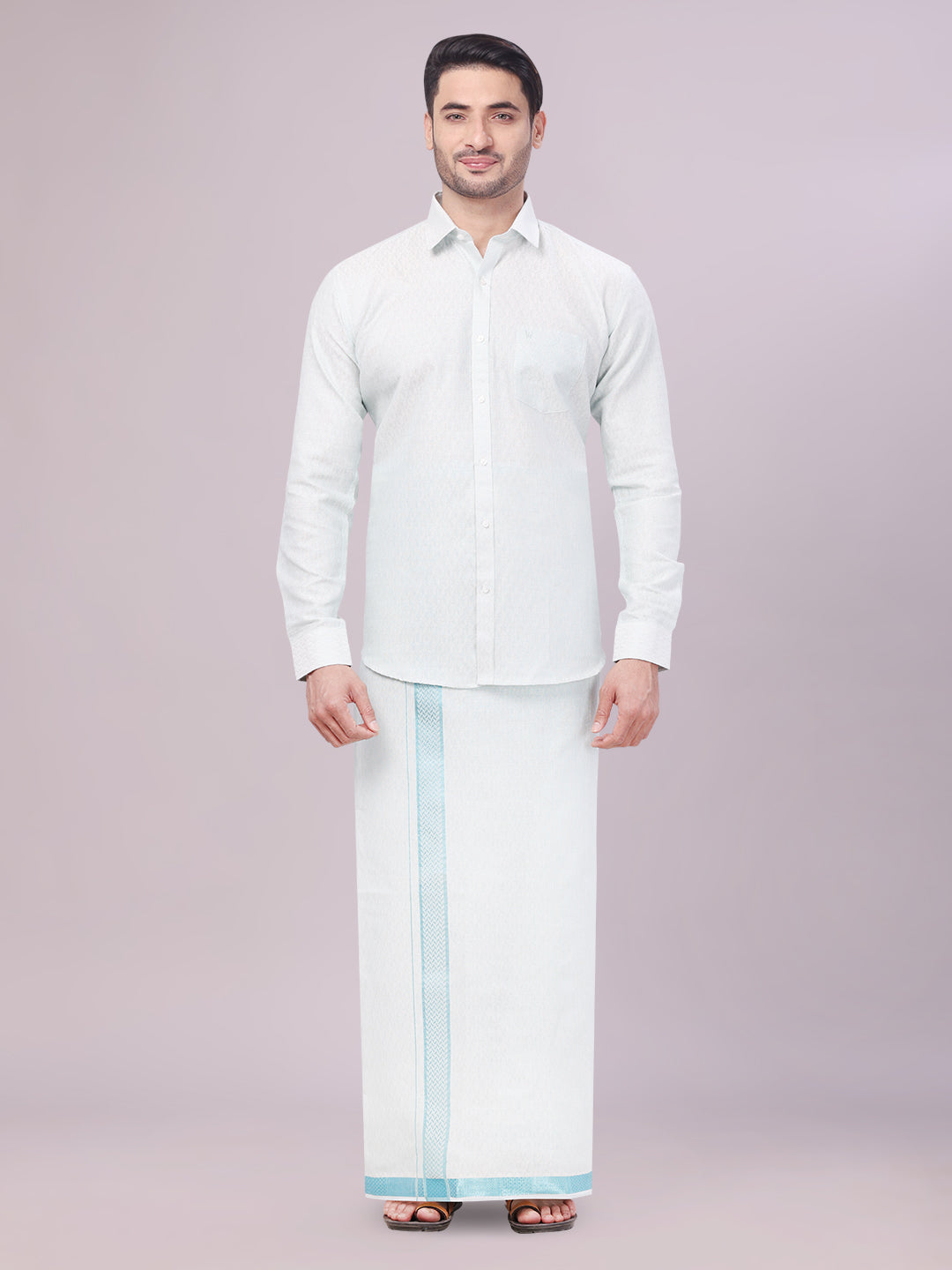 Men's Mint Blue Color Jacquard Shirt with Matching Flexi Dhoti Combo Zeebra