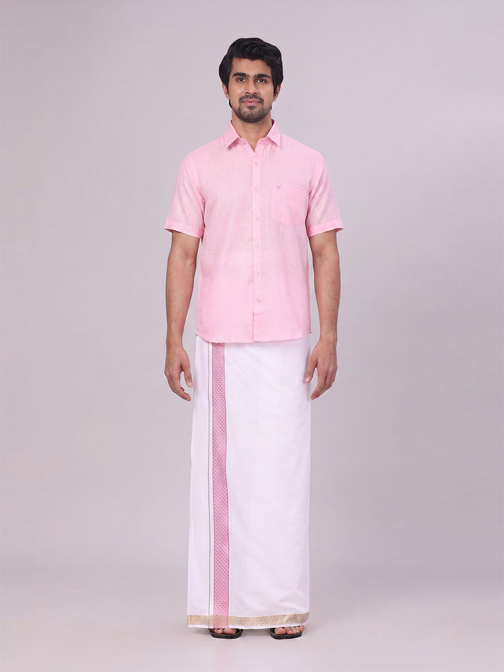Mens Pink Shirt with Matching jacquard Weave Border Dhoti Combo Marsh