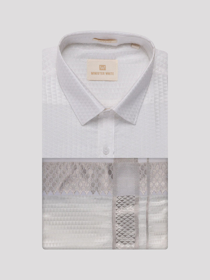 Men's Art Silk Off White Full Sleeves Shirt with 2 1/2" Silver Jari Border Dhoti Combo Nautica