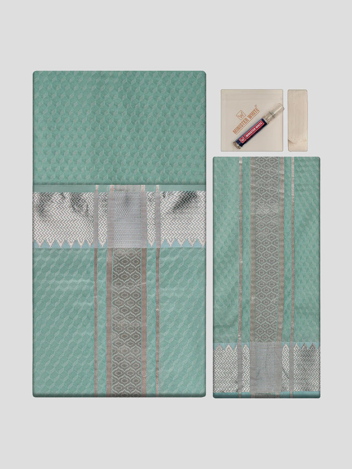 Men's Premium Art Silk Sea Green Shirt Bit with 2 1/2" Copper Jari Border Dhoti Towel Combo Sieger