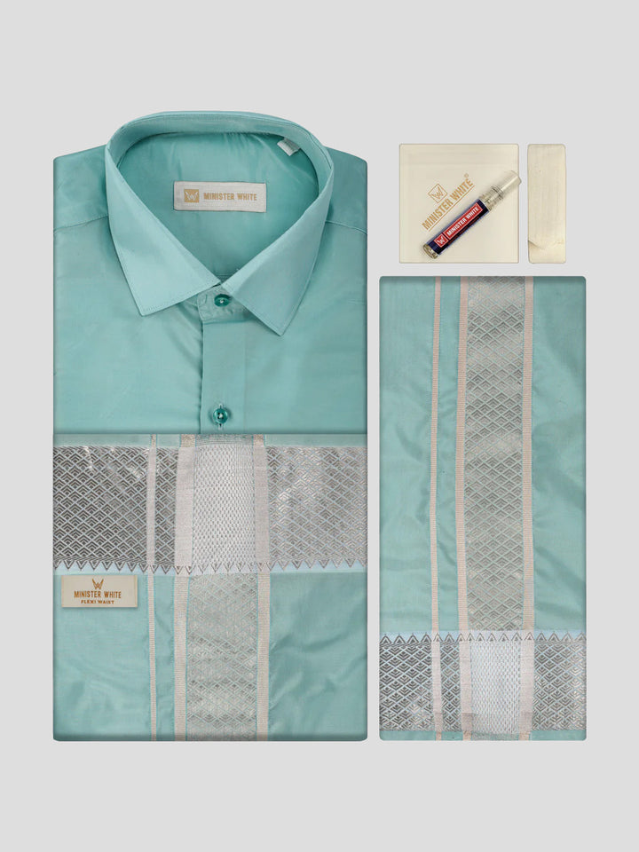 Men's Plain Art Silk Sea Green Full Sleeves Shirt with 3"Jacquard Silver Jari Border Flexi Dhoti Combo Mangal