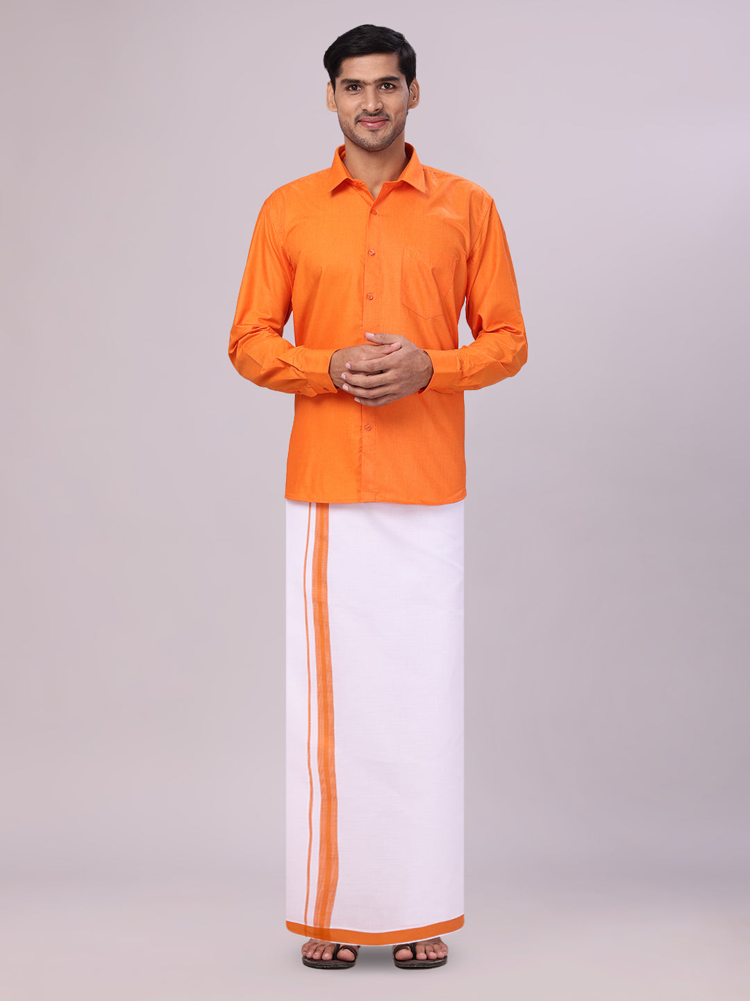 Mens Cotton Orange Matching Shirt and Dhoti Combo Luster