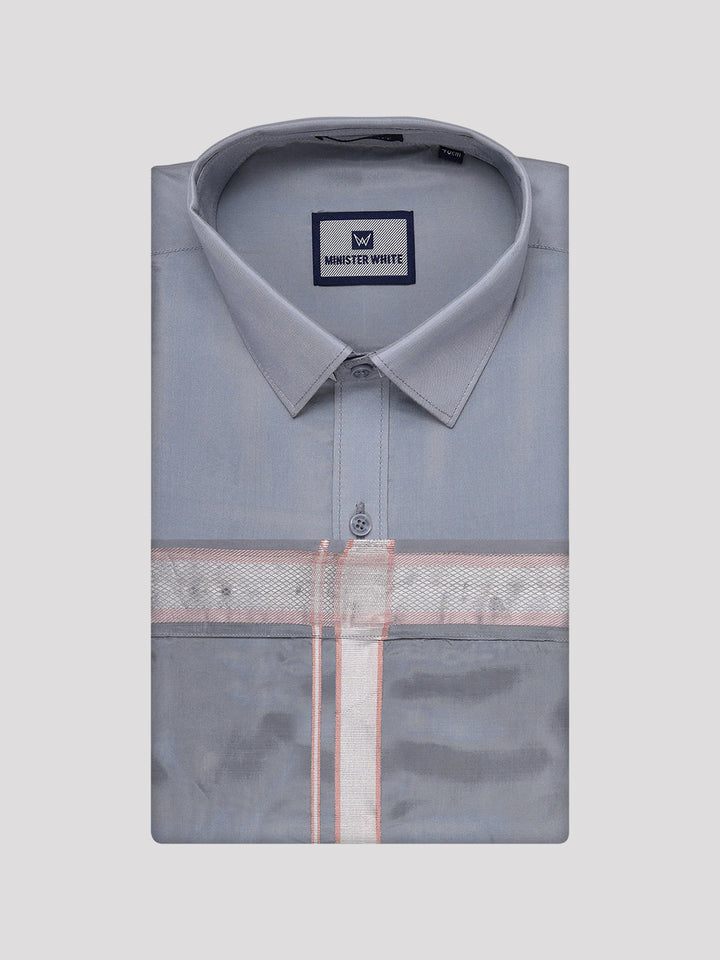 Mens Art Silk Steel Grey Full Sleeves Shirt with Silver Jari Border Dhoti Combo Finesse