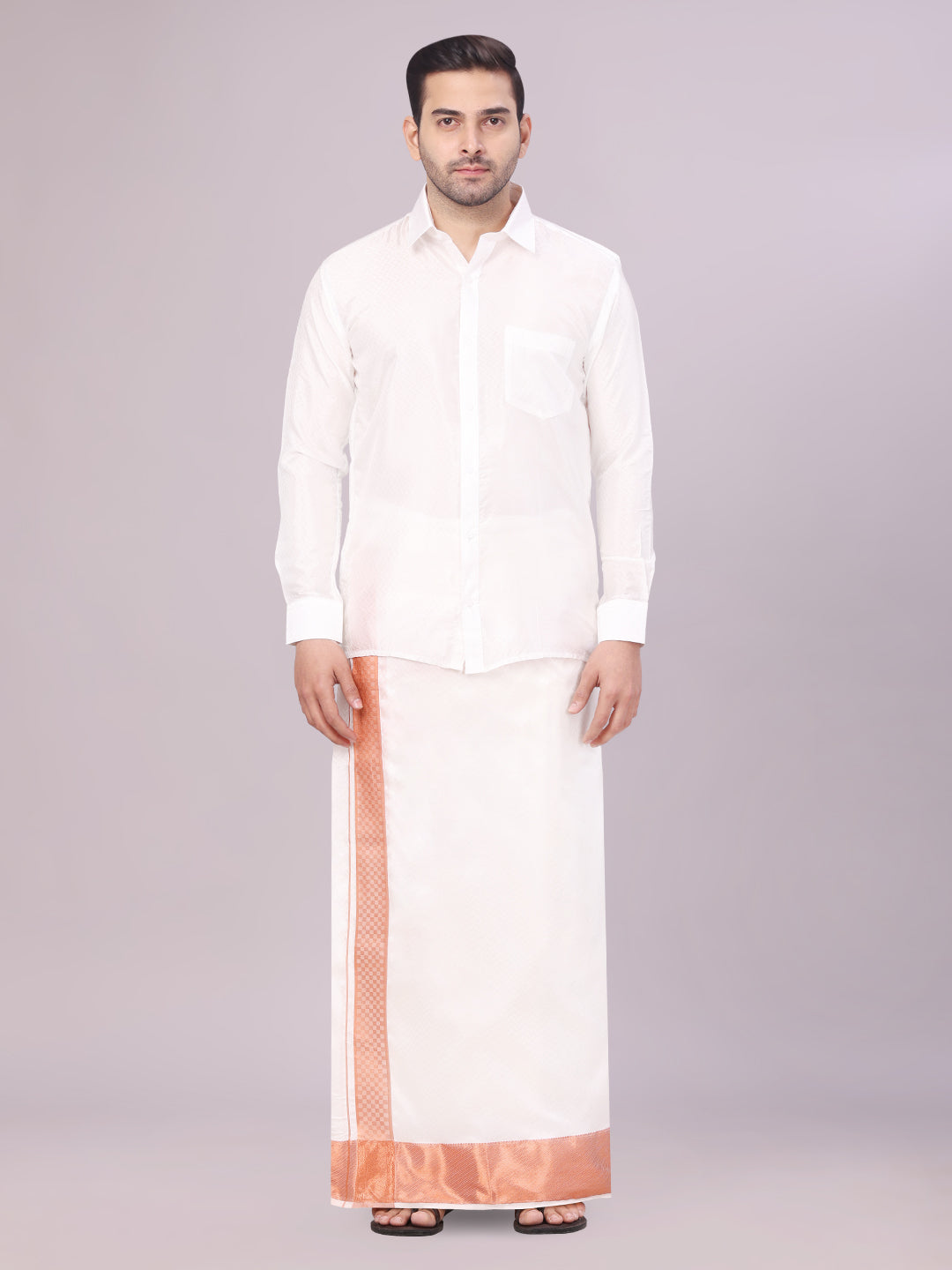 Men's Art Silk Half White Full Sleeves Shirt with 4" Copper Jari Border Dhoti Combo Neogen