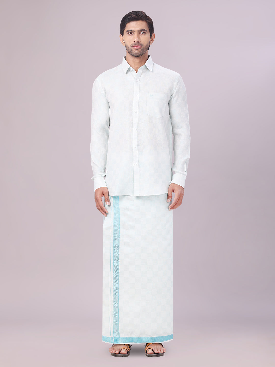 Men's Mint Blue Tissue Jacquard Shirt with Matching Dhoti Combo Zeus