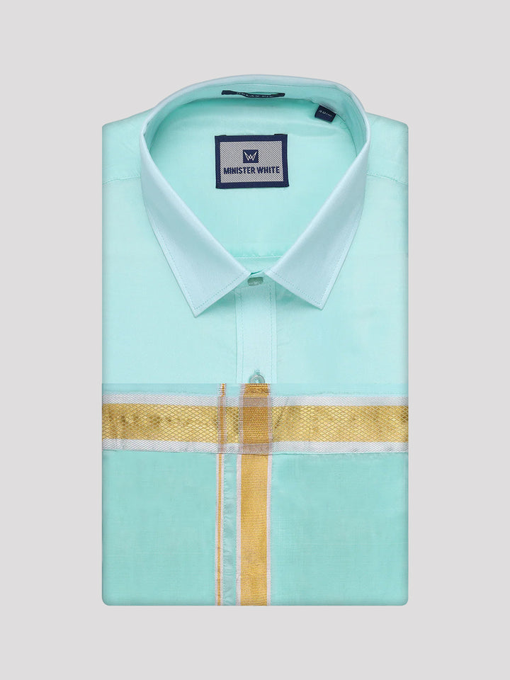 Mens Art Silk Mint Leaf Full Sleeves Shirt with Gold Jari Border Dhoti Combo Finesse