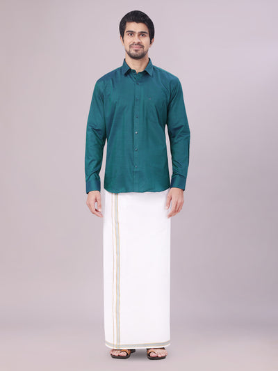 Men's Teal Green Shirt with Matching Border Dhoti Combo Pinto