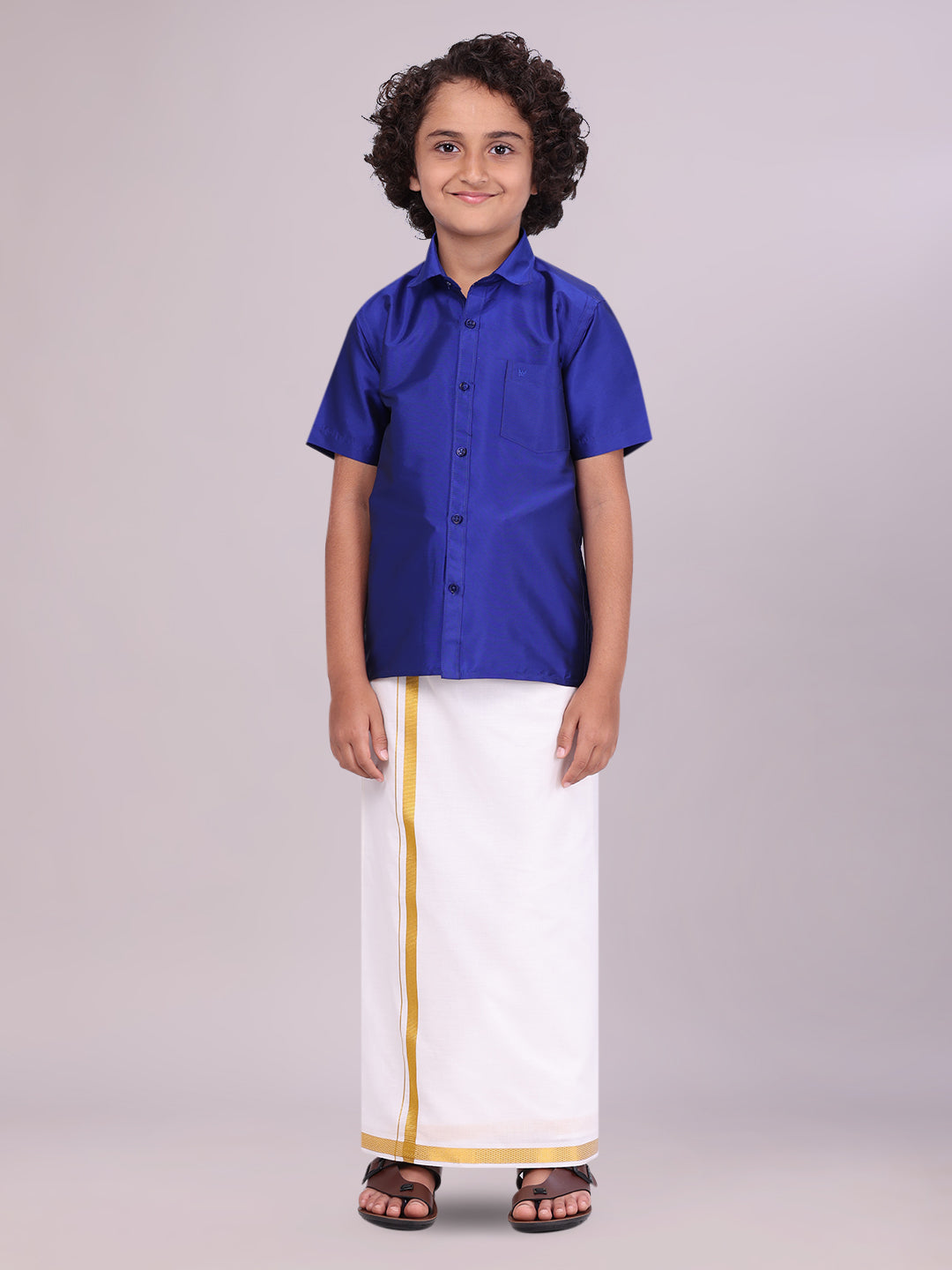 Boys Art Silk Violet Half Sleeves Shirt with Gold Jari Flexi Dhoti Towel Combo