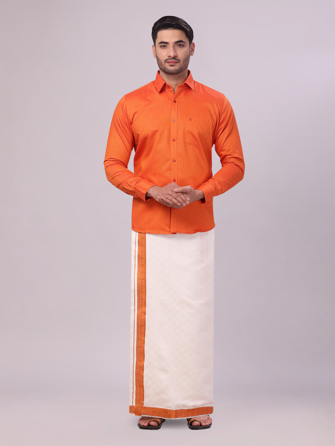 Mens Cotton Brick Shirt and Airtex Matching Border Dhoti Combo Nector