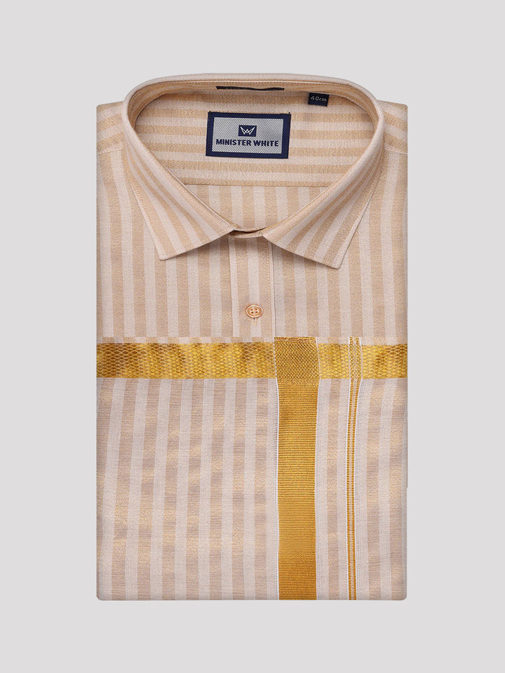 Men's Tissue Stripes Gold Shirt & Jari Border Dhoti Wedding Combo Finely