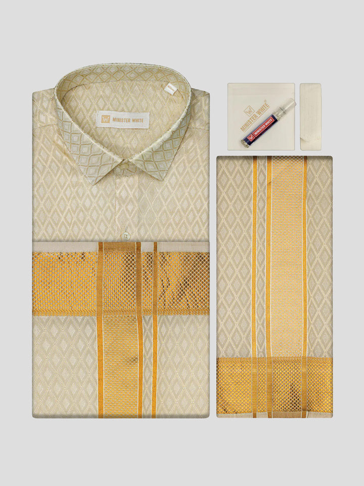 Mens Art Silk Cream Full Sleeves Shirt with 2 1/2"  Gold Jari Border & Towel Dhoti Combo Spruce