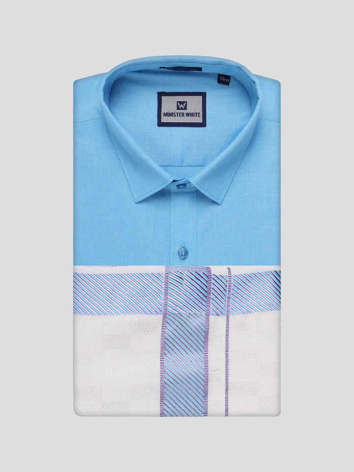 Men's Cotton Sky Blue Shirt and Airtex Matching Border Dhoti Combo Nector