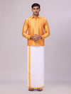 Mens Golden Yellow Dupion Satin Color Shirt with Matching Border Dhoti Combo Gora