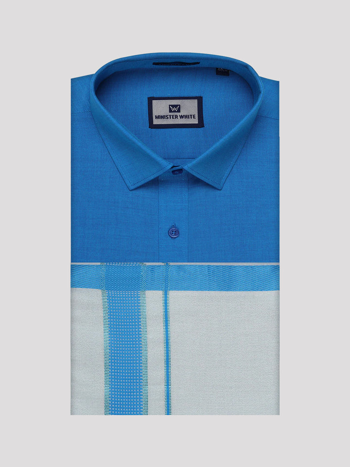 Men's Cotton Blue Shirt with Tissue Matching Border Dhoti Wedding Combo Kandala