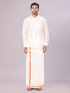 Men's Art Silk Cream Full Sleeves Shirt with Copper Jari Border Dhoti Combo Finesse