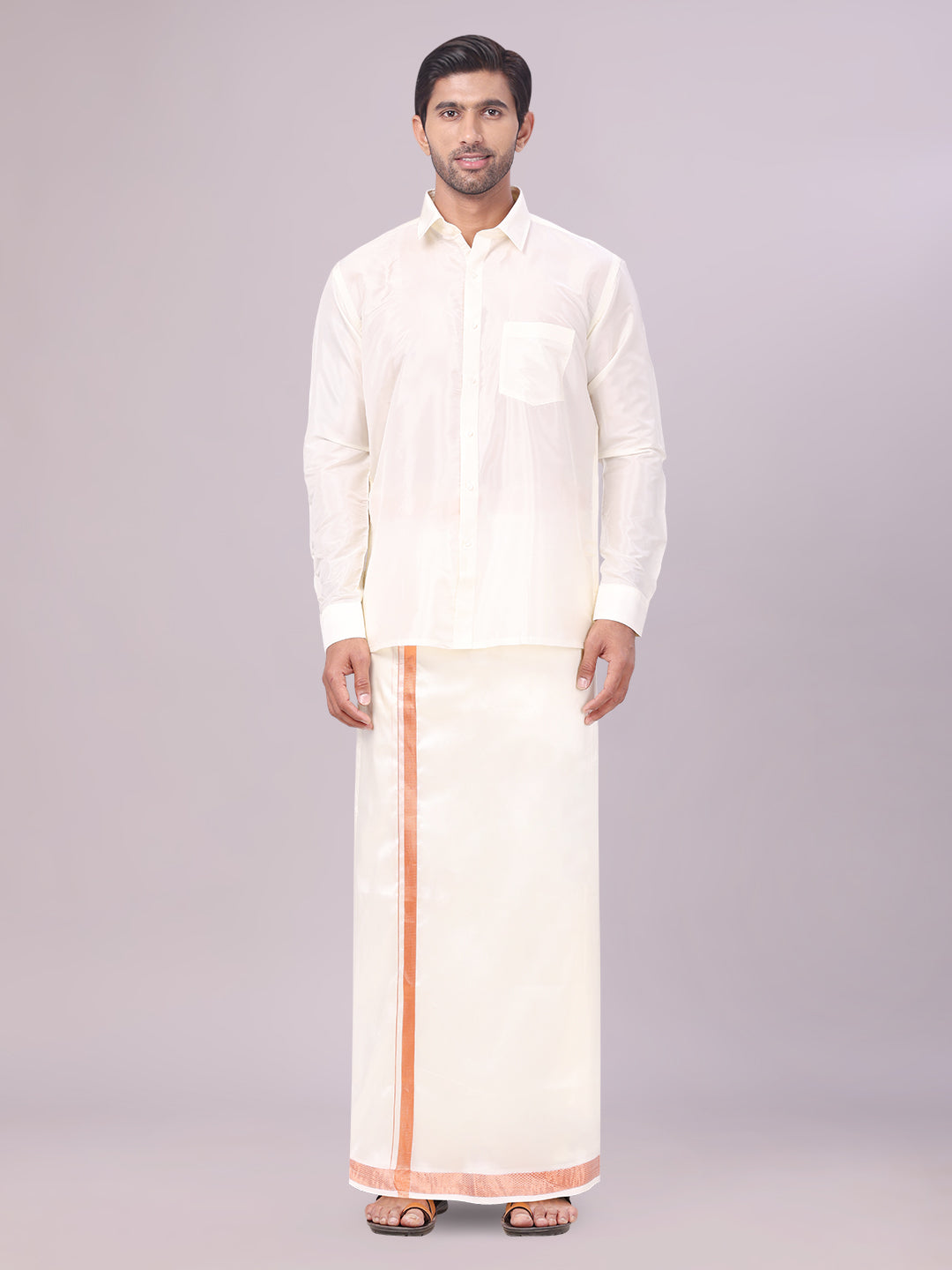 Men's Art Silk Cream Full Sleeves Shirt with Copper Jari Border Dhoti Combo Finesse