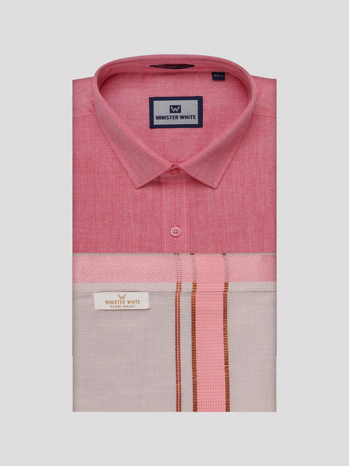 Men's Cotton Pink Shirt with Tissue Matching Border Flexi Dhoti Wedding Combo Kandala