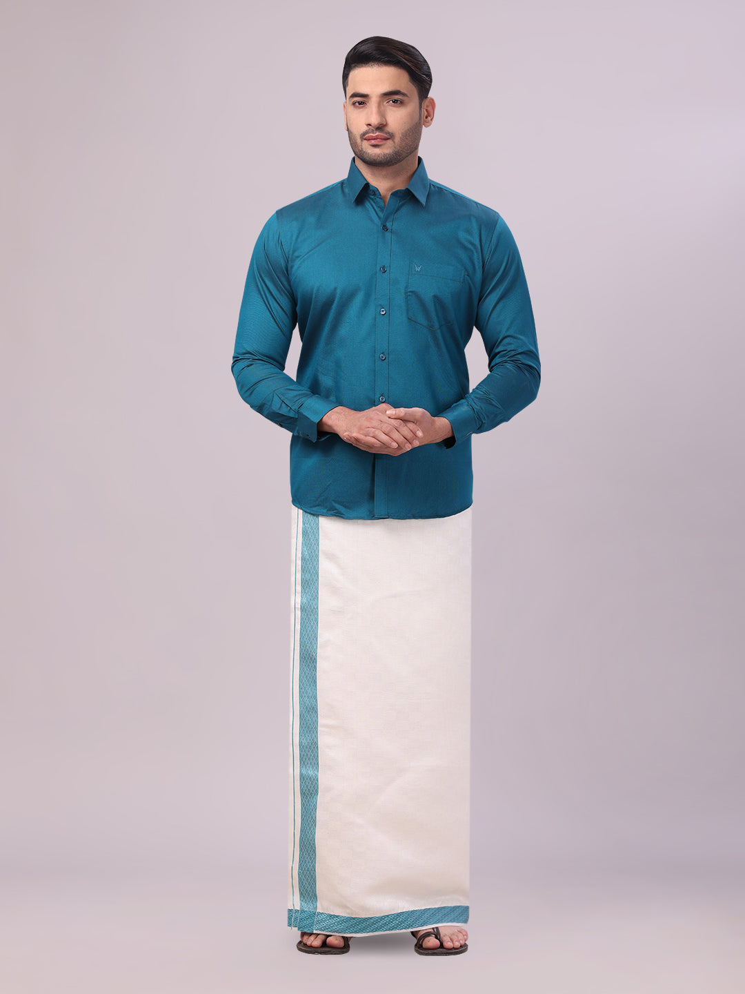 Mens Cotton Steel Blue Shirt and Airtex Matching Border Dhoti Combo Nector