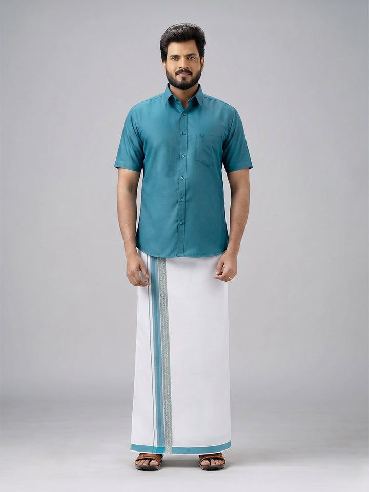 Men's Cotton Green Matching Shirt with Fancy Printed Border Dhoti Combo Luster Trend