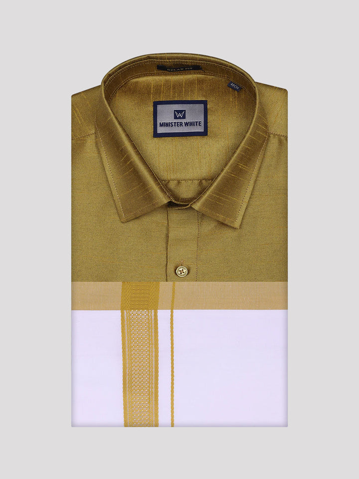 Mens Light Green Dupion Satin Color Shirt with Matching Border Flexi Dhoti Combo Gora Flexi